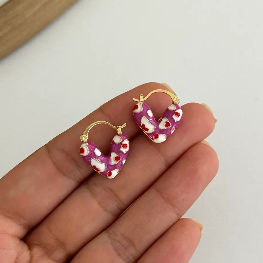 14K Altın Kaplama Mineli Kalp Küpe 2 Cm